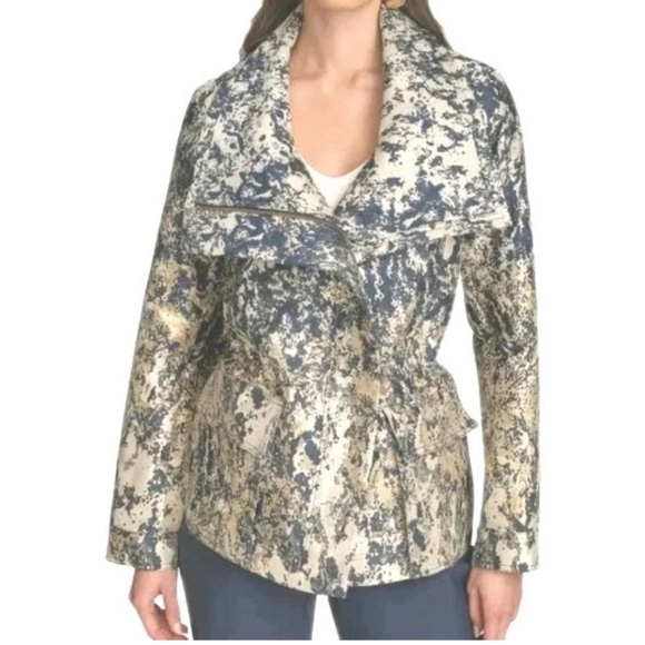 Donna Karan Metallic Jacqrard Moto Zip Jacket Coat Sz XL Blue Gold ASOTV Pamela - Picture 13 of 13